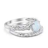Art Deco Two Piece Engagement Ring Round Lab Created White Opal 925 Sterling Silver