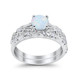 Art Deco Two Piece Engagement Ring Round Lab Created White Opal 925 Sterling Silver