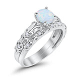 Art Deco Two Piece Engagement Ring Round Lab Created White Opal 925 Sterling Silver