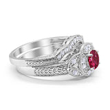 Two Piece Wedding Bridal Set Art Deco Simulated Ruby CZ Ring 925 Sterling Silver