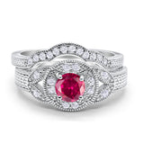 Two Piece Wedding Bridal Set Art Deco Simulated Ruby CZ Ring 925 Sterling Silver