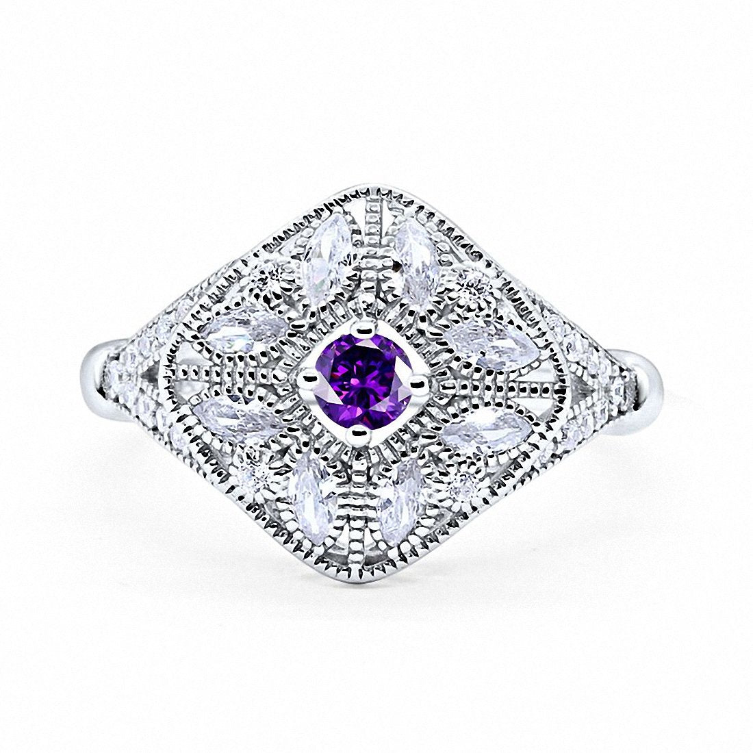 Art Deco Ring Marquise Filigree Simulated Amethsyt CZ 925 Sterling Silver