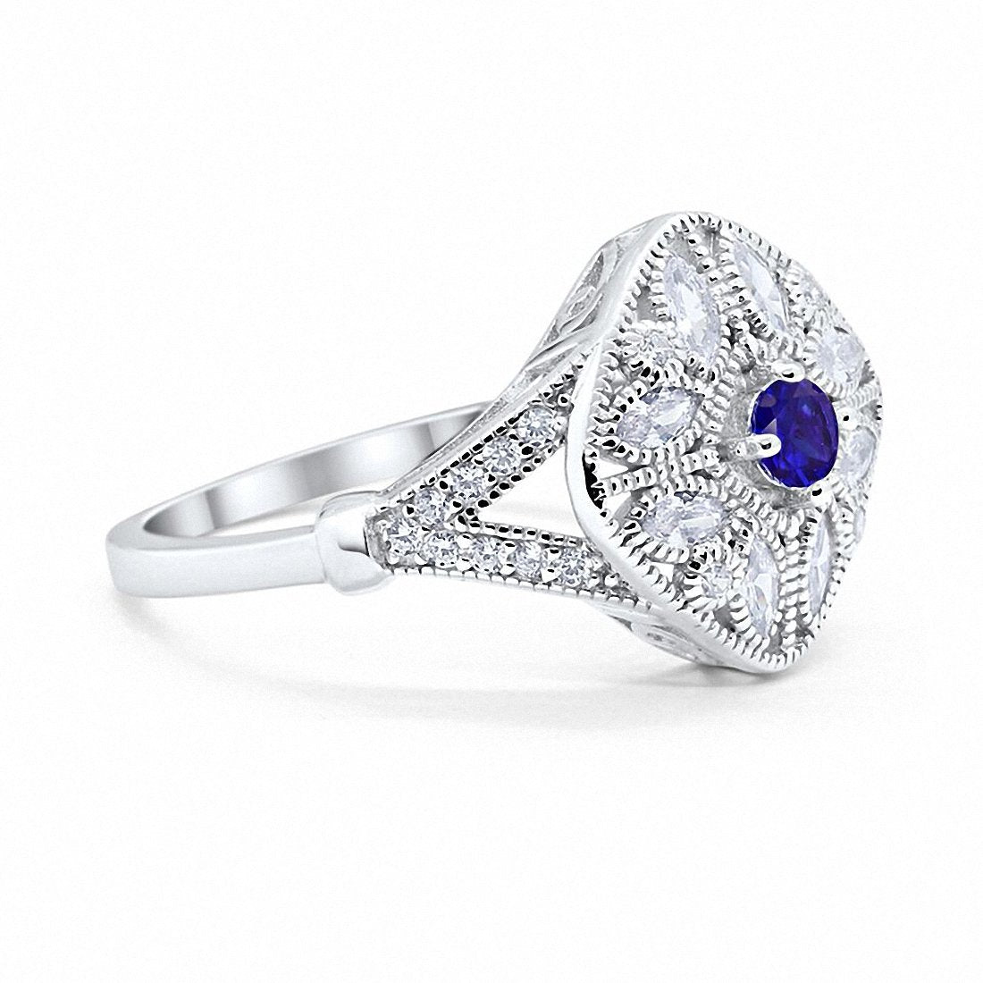 Art Deco Ring Marquise Filigree Simulated Blue Sapphire CZ 925 Sterling Silver