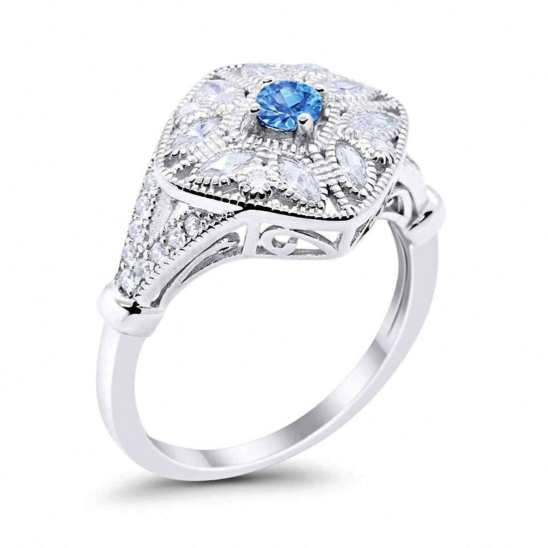 Art Deco Ring Marquise Filigree Simulated Blue Topaz CZ 925 Sterling Silver
