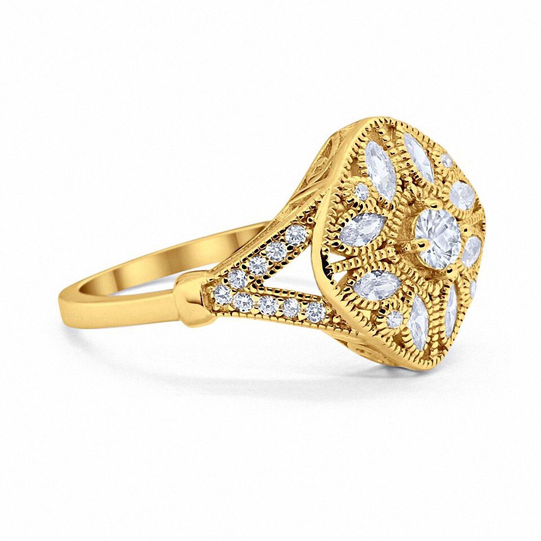 Art Deco Ring Marquise Filigree Yellow Tone, Simulated CZ 925 Sterling Silver