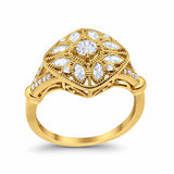 Art Deco Ring Marquise Filigree Yellow Tone, Simulated CZ 925 Sterling Silver