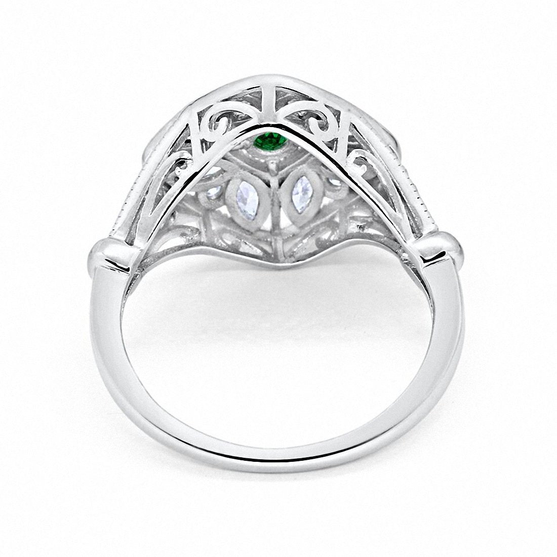 Art Deco Ring Marquise Filigree Simulated Green Emerald CZ 925 Sterling Silver