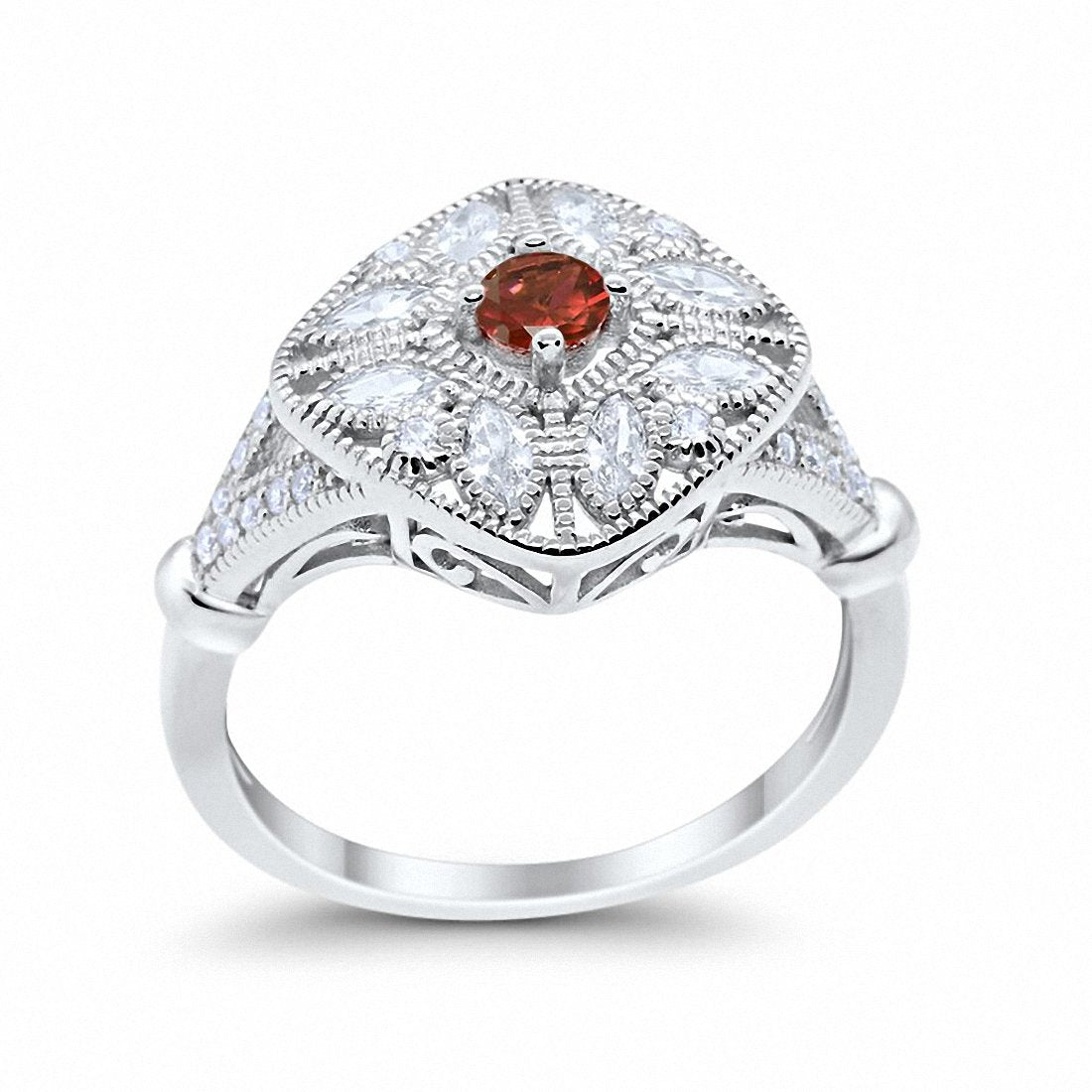 Art Deco Ring Marquise Filigree Simulated Garnet CZ 925 Sterling Silver