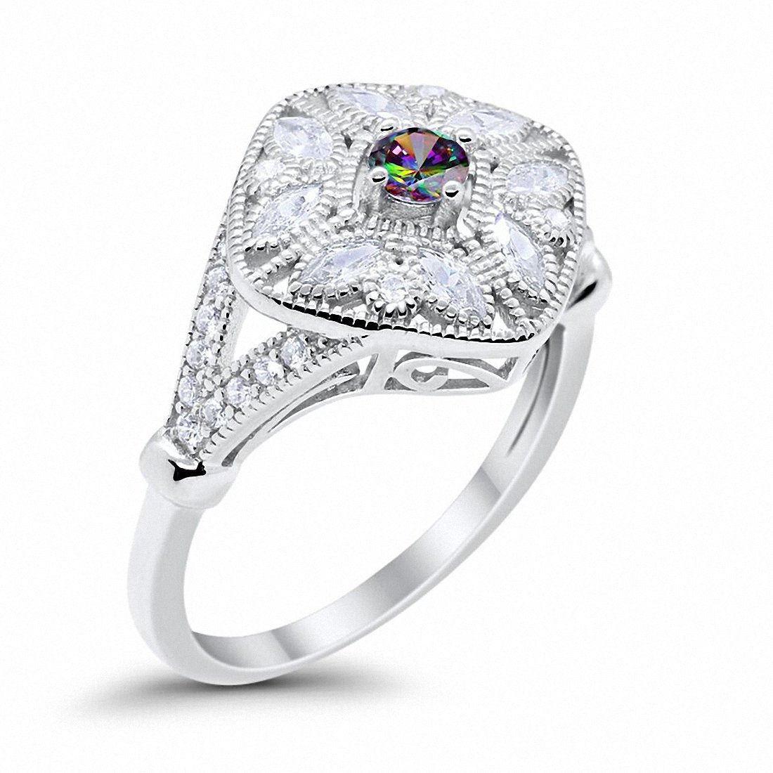 Art Deco Ring Marquise Filigree Simulated Rainbow CZ 925 Sterling Silver