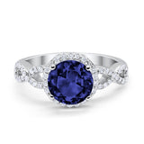 Halo Infinity Wedding Ring Round Simulated Blue Sapphire CZ 925 Sterling Silver