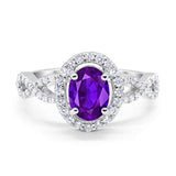 Art Deco Halo Wedding Ring Oval Simulated Amethyst CZ 925 Sterling Silver
