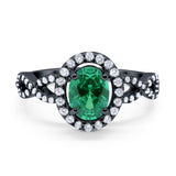 Art Deco Wedding Ring Oval Black Tone, Simulated Green Emerald CZ 925 Sterling Silver