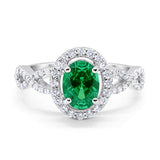 Art Deco Halo Wedding Ring Oval Simulated Emerald CZ 925 Sterling Silver