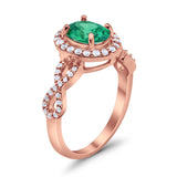 Infinity Wedding Bridal Ring Oval Rose Tone, Simulated Green Emerald CZ 925 Sterling Silver