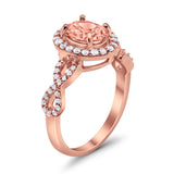 Art Deco Halo Wedding Ring Oval Rose Tone, Simulated Morganite CZ 925 Sterling Silver