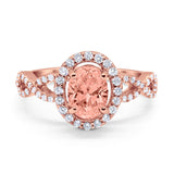 Art Deco Halo Wedding Ring Oval Rose Tone, Simulated Morganite CZ 925 Sterling Silver