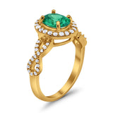 Art Deco Wedding Ring Oval Yellow Tone, Simulated Green Emerald CZ 925 Sterling Silver