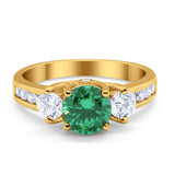 Three Stone Wedding Ring Simulated Emerald CZ Yellow Tone 925 Sterling Silver