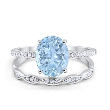 Two Piece Art Deco Wedding Ring Oval Simulated Aquamarine CZ 925 Sterling Silver

        
           - Simulated Aquamarine CZ