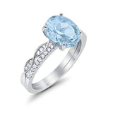 Two Piece Art Deco Wedding Ring Oval Simulated Aquamarine CZ 925 Sterling Silver