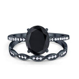 Two Piece Wedding Oval Ring Black Tone, Simulated Black CZ 925 Sterling Silver