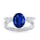 Two Piece Wedding Oval Ring Simulated Blue Sapphire CZ 925 Sterling Silver