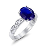 Two Piece Wedding Oval Ring Simulated Blue Sapphire CZ 925 Sterling Silver