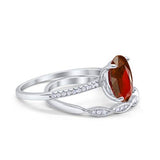 Two Piece Wedding Oval Ring Simulated Garnet CZ 925 Sterling Silver