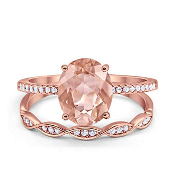 Two Piece Art Deco Wedding Ring Oval Rose Tone, Simulated Morganite CZ 925 Sterling Silver

        
           - Rose Tone, Simulated Morganite CZ
