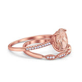 Two Piece Art Deco Wedding Ring Oval Rose Tone, Simulated Morganite CZ 925 Sterling Silver