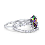 Two Piece Wedding Oval Ring Simulated Rainbow CZ 925 Sterling Silver