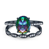 Two Piece Wedding Oval Ring Black Tone, Simulated Rainbow CZ 925 Sterling Silver