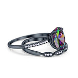 Two Piece Wedding Oval Ring Black Tone, Simulated Rainbow CZ 925 Sterling Silver