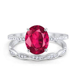 Two Piece Wedding Oval Ring Simulated Ruby CZ 925 Sterling Silver
