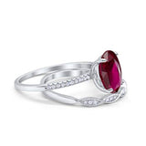 Two Piece Wedding Oval Ring Simulated Ruby CZ 925 Sterling Silver