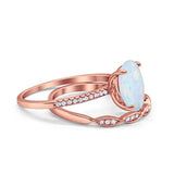 Two Piece Wedding Oval Ring Rose Tone, Lab Created White Opal 925 Sterling Silver