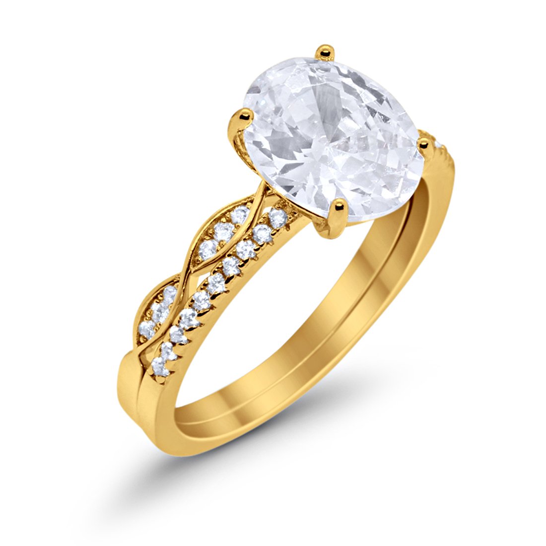 Engagement Bridal Set Band Piece Ring Oval Yellow Tone, Simulated CZ 925 Sterling Silver