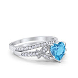Two Piece Heart Promise Engagement Ring Simulated Aquamarine CZ 925 Sterling Silver