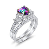 Two Piece Heart Promise Engagement Ring Simulated Rainbow CZ 925 Sterling Silver