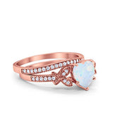 Two Piece Heart Promise Wedding Ring Rose Tone, Lab Created White Opal 925 Sterling Silver