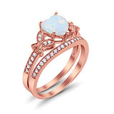 Two Piece Heart Promise Wedding Ring Rose Tone, Lab Created White Opal 925 Sterling Silver