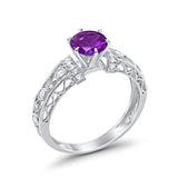 Art Deco Wedding Promise Ring Round Simulated Amethyst CZ 925 Sterling Silver