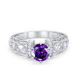 Art Deco Wedding Promise Ring Round Simulated Amethyst CZ 925 Sterling Silver