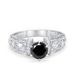Art Deco Wedding Promise Ring Round Simulated Black CZ 925 Sterling Silver
