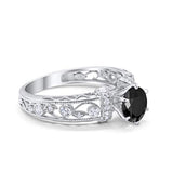 Art Deco Wedding Promise Ring Round Simulated Black CZ 925 Sterling Silver