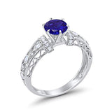 Art Deco Wedding Promise Ring Round Simulated Blue Sapphire CZ 925 Sterling Silver