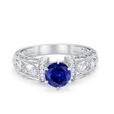 Art Deco Wedding Promise Ring Round Simulated Blue Sapphire CZ 925 Sterling Silver