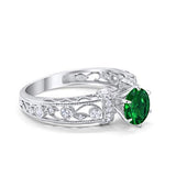 Art Deco Wedding Promise Ring Round Simulated Green Emerald CZ 925 Sterling Silver