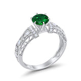 Art Deco Wedding Promise Ring Round Simulated Green Emerald CZ 925 Sterling Silver