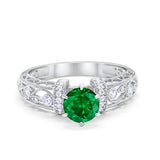 Art Deco Wedding Promise Ring Round Simulated Green Emerald CZ 925 Sterling Silver